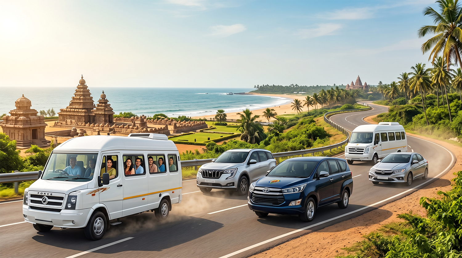 Vijayalakshmi Tours fleet on a coastal Tamil Nadu highway